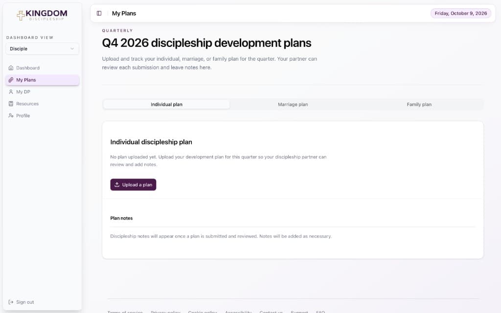 Kingdom Discipleship dashboard showing quarterly individual, marriage, and family development plans