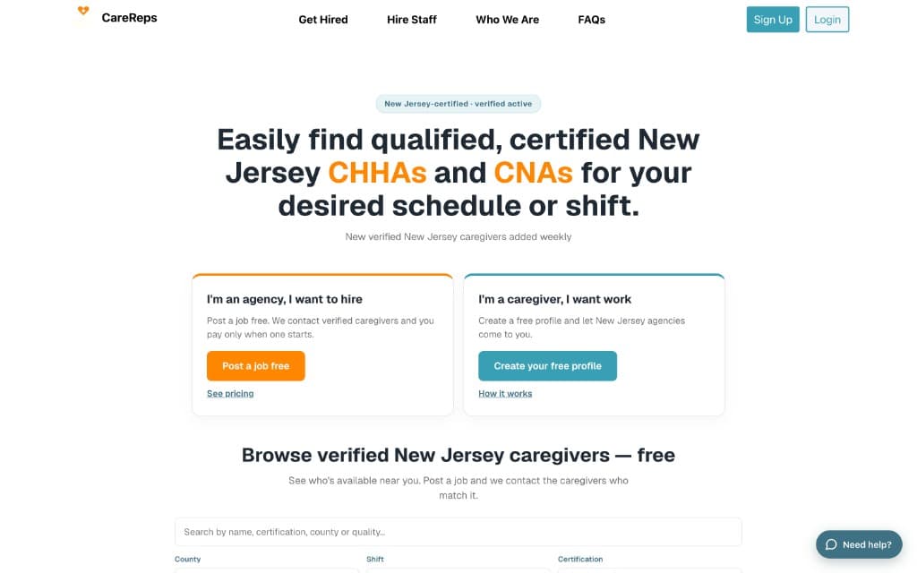 CareReps homepage for hiring certified New Jersey CHHAs and CNAs